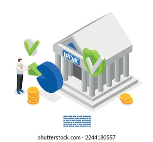 Esg environmental social governance business investment concept with bank building and human character 3d isometric vector illustration