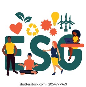 ESG, Environmental, Social and Governance. Concept with keyword, people and icons. Flat vector illustration. Isolated on white background. ESG business company criteria. Sustainable, ethical business 