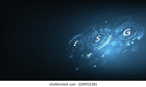 ESG Environmental Social Governance concept. Development of a nature conservation strategy and Solving environmental, social and management problems with figure icons on blue background.