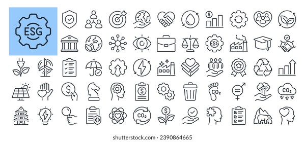 ESG Environmental Social Governance concept editable stroke outline icons set isolated on white background flat vector illustration. Pixel perfect. 64 x 64.