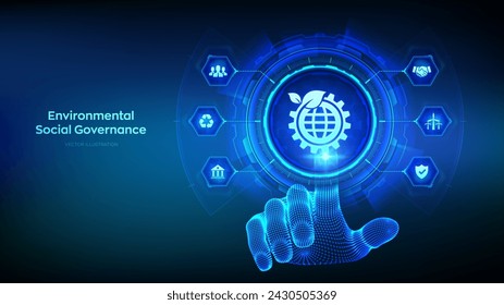 ESG. Environmental Social Governance concept on virtual screen. Future environmental conservation and ESG modernization development. Wireframe hand touching digital interface. Vector illustration.