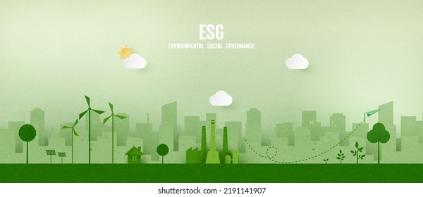 ESG as environmental, social and governance concept.Green ecology and alternative renewable energy.Paper art Vector illustration.