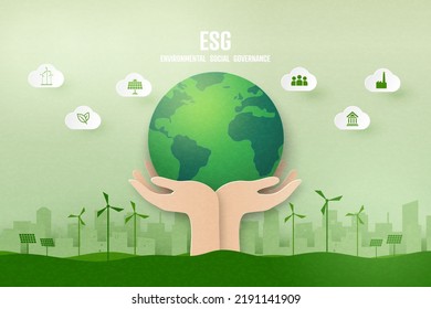 ESG como concepto ambiental, social y de gobernanza.Ecología verde y energías renovables alternativas.Ilustración artística del papel Vector.