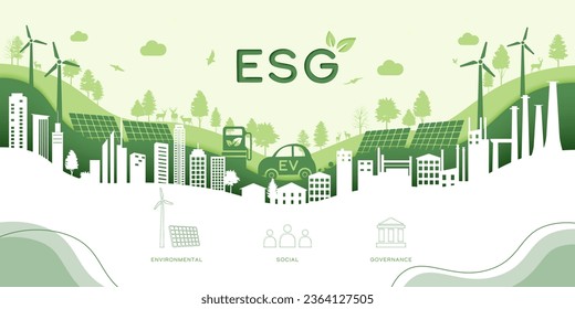 ESG as environmental social and governance concept.Green ecology and alternative renewable energy.Paper art Vector illustration.