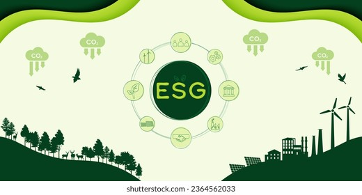 ESG como concepto social y de gobernanza ambiental.Ecología ecológica y energías renovables alternativas.Ilustración del sector del papel.