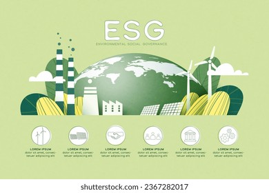 ESG como concepto social y de gobernanza ambiental.Ecología ecológica y energías renovables alternativas.Ilustración del sector del papel.