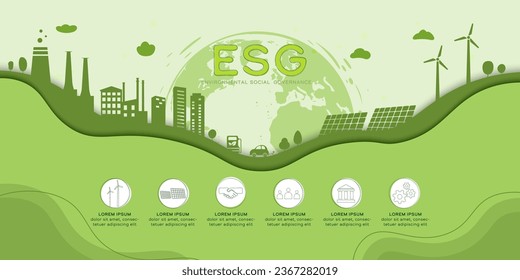 ESG como concepto social y de gobernanza ambiental.Ecología ecológica y energías renovables alternativas.Ilustración del sector del papel.