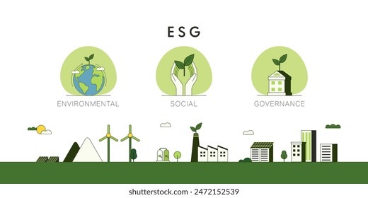 ESG as environmental, social and governance concept.Sustainable of Green ecology and alternative renewable energy. Flat Vector illustration.