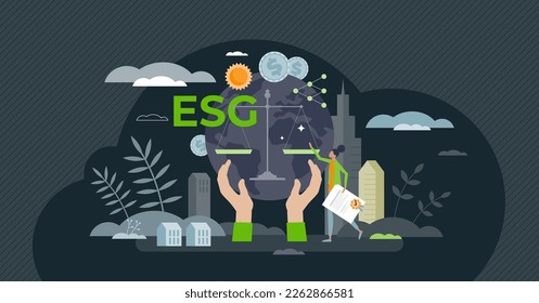 ESG o gobernanza social ambiental para el concepto de pequeñas personas de estrategia de inversión ecológica y sostenible. Futuros fondos ecológicos y respetuosos con la naturaleza para la protección del clima y la sostenibilidad biológica.