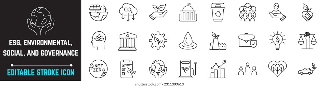 ESG, Environmental Social Governance  Editable Stroke Icon. Contains such icons as Governance, climate crisis, sustainable, sustainability, human rights and responsible investment. ESG Thin Line Icons