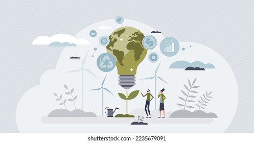 ESG or environmental social governance finance investing tiny person concept. Corporate policies and standards with sustainable, green and nature friendly business strategies vector illustration.