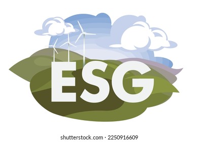 ESG - Environmental Social Governance flat illustration. Sustainable growth, solving environmental, social, and corporate management. Hilly landscape with sign ESG and wind turbines.