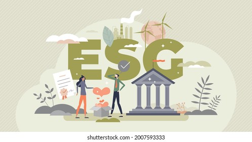 ESG environmental social governance as green company development strategy tiny person concept. Ecological resource consumption and renewable energy usage for responsible business vector illustration.