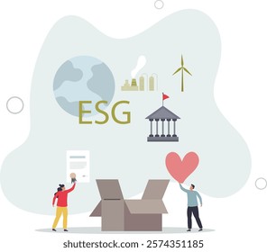 ESG environmental social governance as green company development strategy.Ecological resource consumption and renewable energy usage.flat characters.