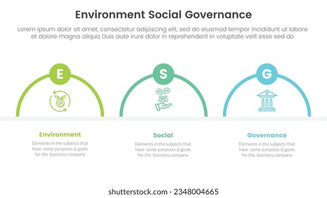 esg environmental social and governance infographic 3 point stage template with half circle shape concept for slide presentation