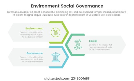 esg environmental social and governance infographic 3 point stage template with vertical honeycomb shape layout concept for slide presentation