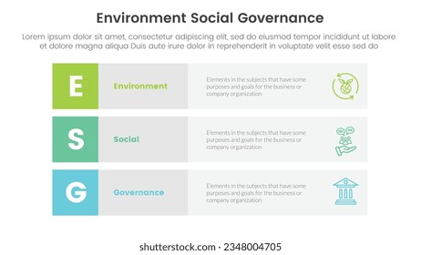 esg environmental social and governance infographic 3 point stage template with 3 block row rectangle content concept for slide presentation