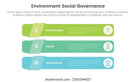 infografía sobre el medio ambiente social y la gobernanza de esg plantilla de 3 puntos con el concepto de forma rectangular redondeada larga para la presentación de diapositivas