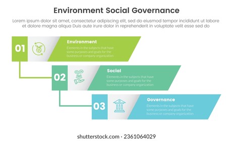 esg environmental social and governance infographic 3 point stage template with vertical timeline skew rectangle concept for slide presentation