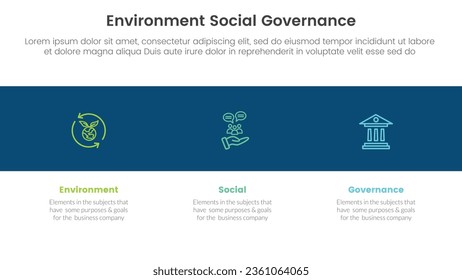 esg infografía ambiental social y de gobernanza 3 puntos plantilla de escenario con icono en negro concepto de fondo horizontal para presentación de diapositivas