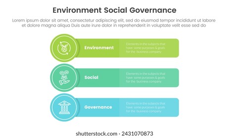 esg environmental social and governance infographic 3 point stage template with long rectangle box with circle badge for slide presentation