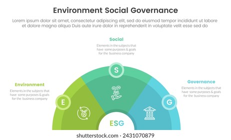 ESG Environmental Social and Governance Infografik 3 Punkt Bühnenvorlage mit Halbkreis horizontal mit Kreis-Abzeichen für Dia-Präsentation