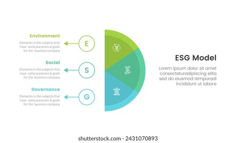 esg environmental social and governance infographic 3 point stage template with vertical half circle with outline circle and arrow for slide presentation