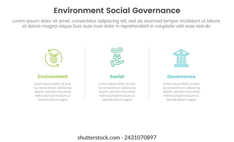 esg environmental social and governance infographic 3 point stage template with horizontal clean information for slide presentation