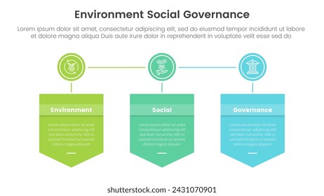 esg ambiental social y gobernanza infografía plantilla de etapa de 3 puntos con caja de insignias y círculo conectado para presentación de diapositivas