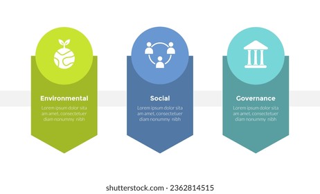 esg environmental social governance infographics template diagram with down arrow direction and circle top 3 point step creative design for slide presentation