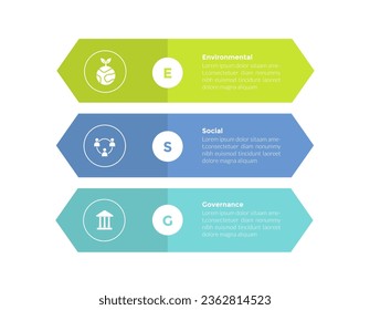 esg environmental social governance infographics template diagram with rectangle arrow shape 3 point step creative design for slide presentation