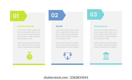 esg diseño de plantillas de infografías de gobernanza social ambiental con tabla de cuadros y encabezado de flecha 3 puntos paso creativo diseño de diapositivas