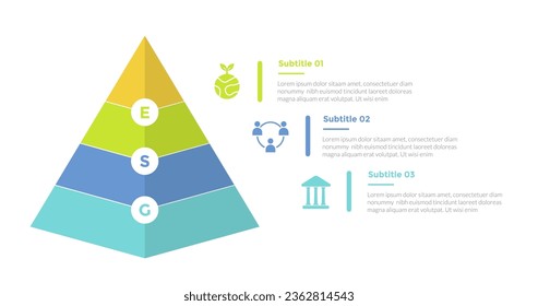 diseño creativo de plantillas de infografía de gobernabilidad social ambiental de esg con forma piramidal a la izquierda de 3 puntos para presentación de diapositivas