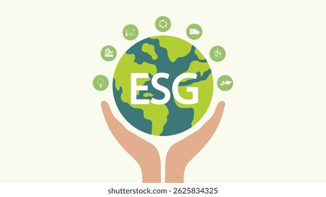 ESG environmental social governance investment business concept. ESG icons. Business investment strategy concept. Human hand holding globe. Net zero concept. Flat design