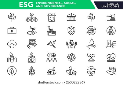 ESG, Environmental Social Governance line icon set. Ecology, human rights, sustainability, diversity, net zero, climate crisis, recycle, outline icon collection. UI thin outline icon pack