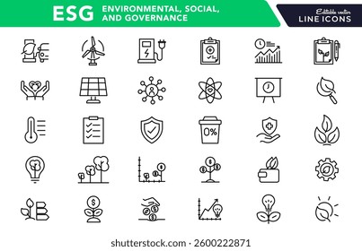 ESG, Environmental Social Governance line icon set. Ecology, human rights, sustainability, diversity, net zero, climate crisis, recycle, outline icon collection. UI thin outline icon pack
