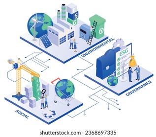 Esg principios de gobernanza social ambiental composición isométrica con caracteres humanos y elementos 3d ilustración vectorial