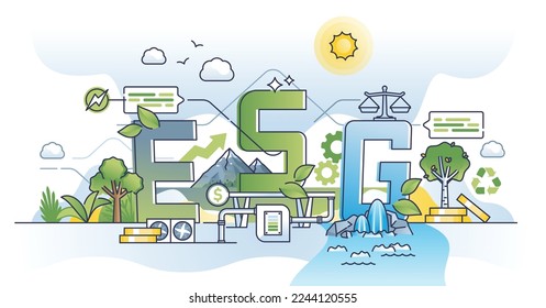 Concepto del esquema de la estrategia de normas de gobernanza social ambiental o ESG. Marco ecológico, sostenible y favorable a la naturaleza para la ilustración de los vectores de responsabilidad empresarial. Enfoque de la empresa verde