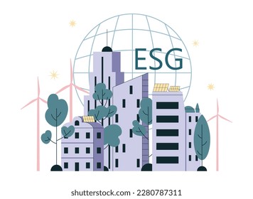 ESG. Environmental social governance, sustainable global system. Environmental protection and social responsibility. Climate preservation, society and economy development. Flat vector illustration