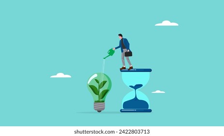 ESG, Environmental social and governance, sustainable business, industry using environmentally friendly energy or renewable energy, businessman watering sustainability light bulb on top of hourglass