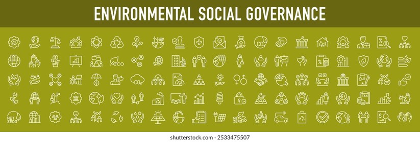 ESG, Environmental Social Governance web icons in line style. Sustainable developmen , sustainability, net zero, climate crisis, recycle, electric car, collection. Vector illustration.