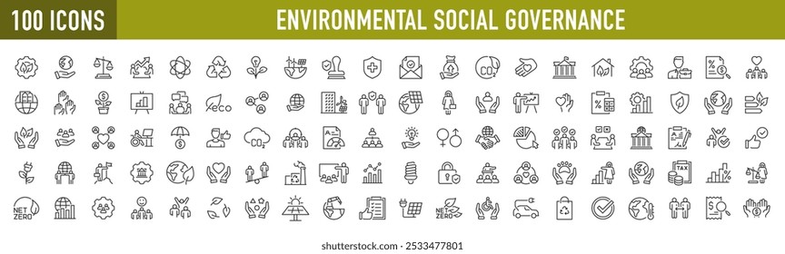 ESG, ícones da Web de Governança Social Ambiental em estilo de linha. Desenvolvimento sustentável, sustentabilidade, zero líquido, crise climática, reciclagem, veículos elétricos, recolha. Ilustração vetorial.