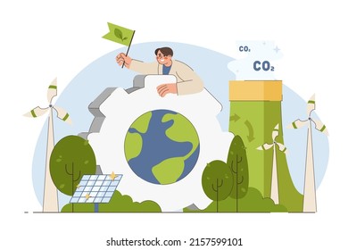 ESG flat concept. Environmental, social and governance in sustainability company. Man with earth and alternative green energy sources for preserving resources of planet. Wind turbines and solar panels