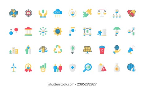 ESG flat icons set vector illustration. Pictograms of environmental, social criterias for corporate management, investment and organisation of company, financial care, safety and ethics.