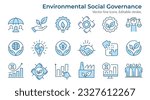 ESG flat icons, such as ecology, environment social governance, risk management, sustainable developmen and more. Editable stroke.