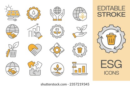 ESG flat icons, such as ecology, environment social governance, sustainability, social factors and more. Editable stroke.