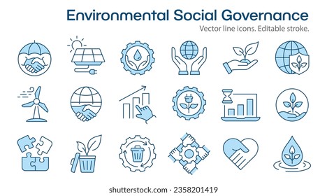 ESG flat icons, such as ecology, environment social governance, risk management, social factors and more. Editable stroke.