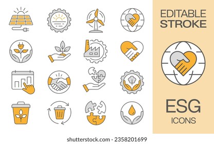 Iconos planos del ESG, como la ecología, el medio ambiente, la gobernanza social, la sostenibilidad, los resultados financieros y más. Trazo editable.