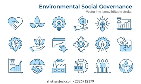 Iconos planos del ESG, como la gobernanza social del medio ambiente, la gestión de riesgos, el rendimiento financiero, el desarrollo sostenible y más. Trazo editable.