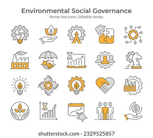 ESG flat icons, such as environment social governance, energy, financial performance, sustainable developmen and more. Editable stroke.